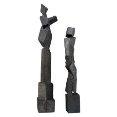 Pair of Brutalist Forged Iron Figural Abstract Sculptures