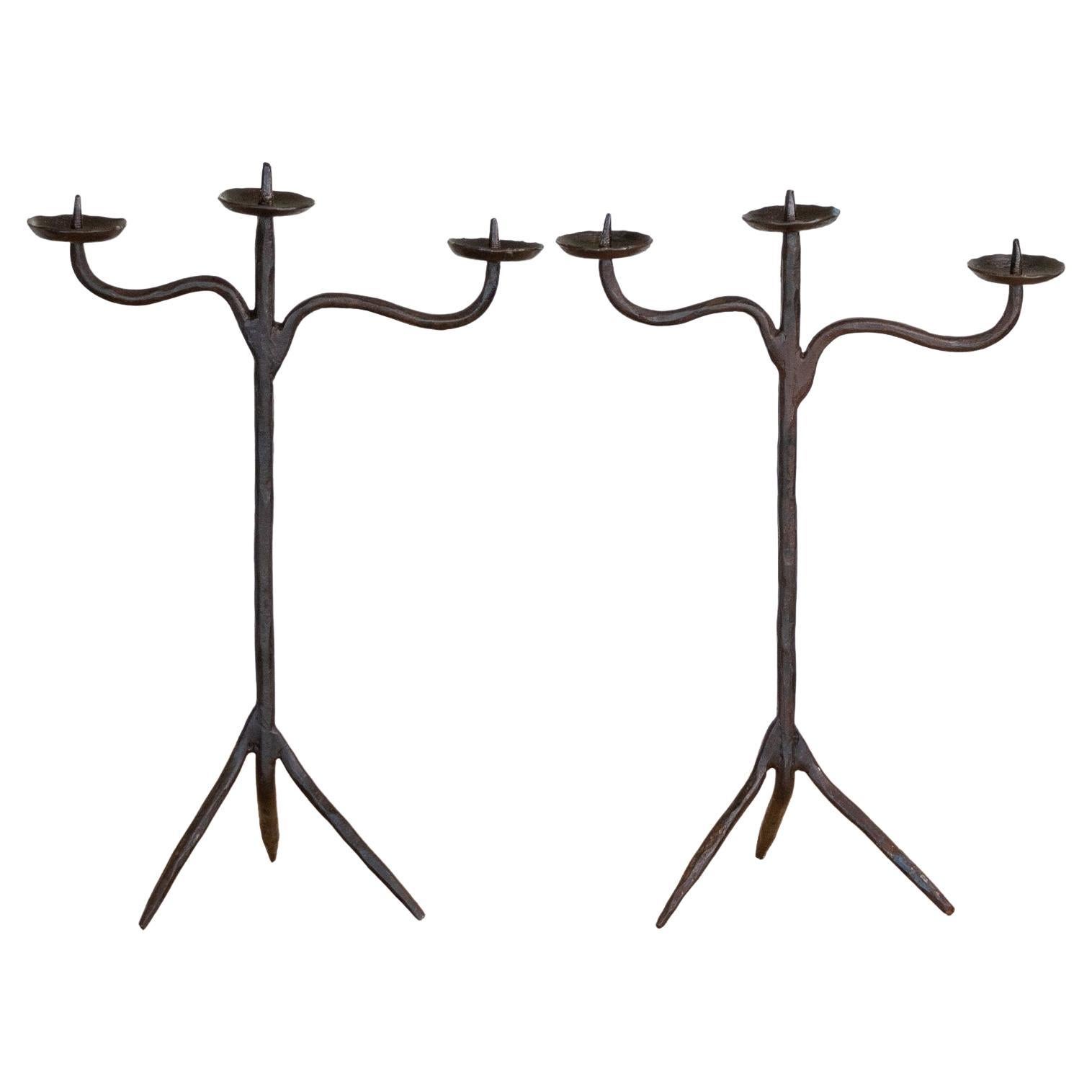 Pair of Brutalist French Candlesticks Attributed to Atelier De Marolles