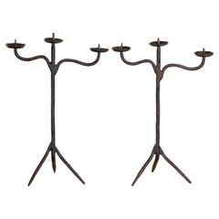 Pair of Brutalist French Candlesticks Attributed to Atelier De Marolles