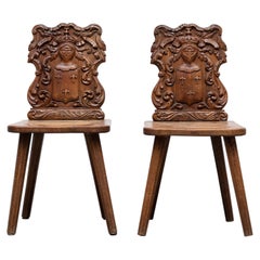 Pair of Brutalist French Renaissance Style Hand Carved "Fire Side" Chairs