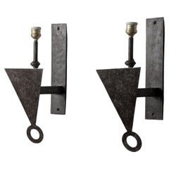 Pair of Brutalist Geometric Iron Wall Sconces, 1970s