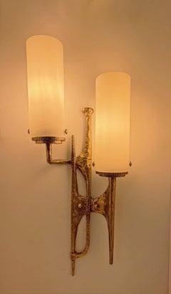 Pair of Brutalist Gilded Bronze Textured Wall Sconces, in stock