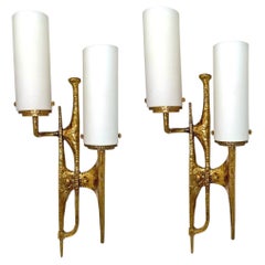 Pair of Brutalist Gilded Bronze Textured Wall Sconces, in stock