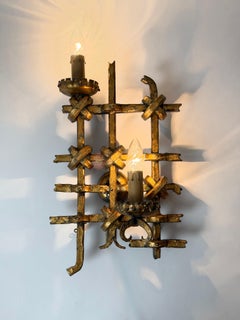 Pair of Brutalist Gilt Iron Wall Sconces with Sculptural Knot Details circa 1970