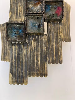 Pair of Brutalist Gilt Metal and Glass Sconces. Italy, 1970s