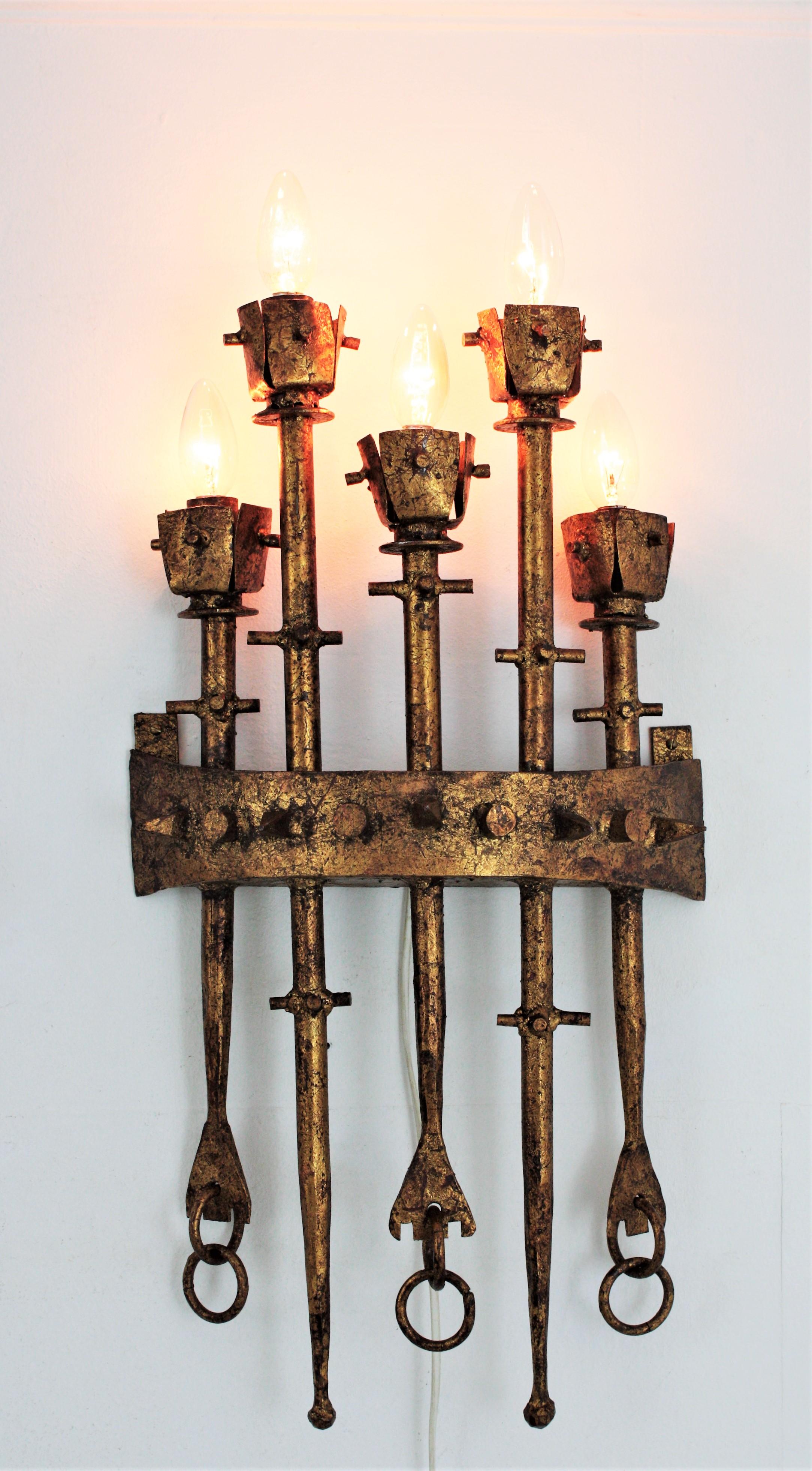 Spanish Brutalist Large Torch Wall Sconces in Gilt Wrought Iron, Pair 3