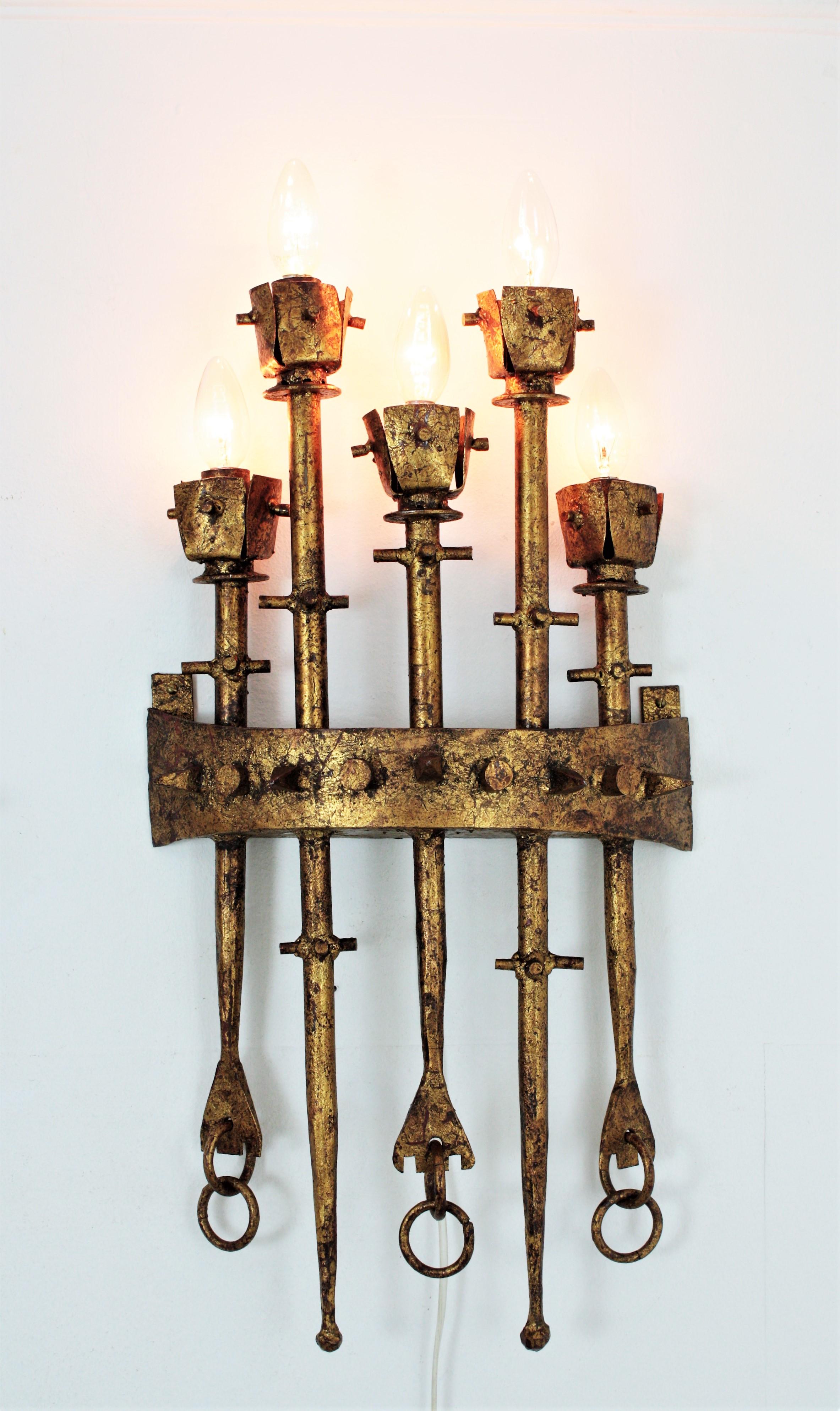 Spanish Brutalist Large Torch Wall Sconces in Gilt Wrought Iron, Pair 4