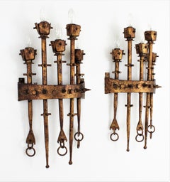 Spanish Brutalist Large Torch Wall Sconces in Gilt Wrought Iron, Pair