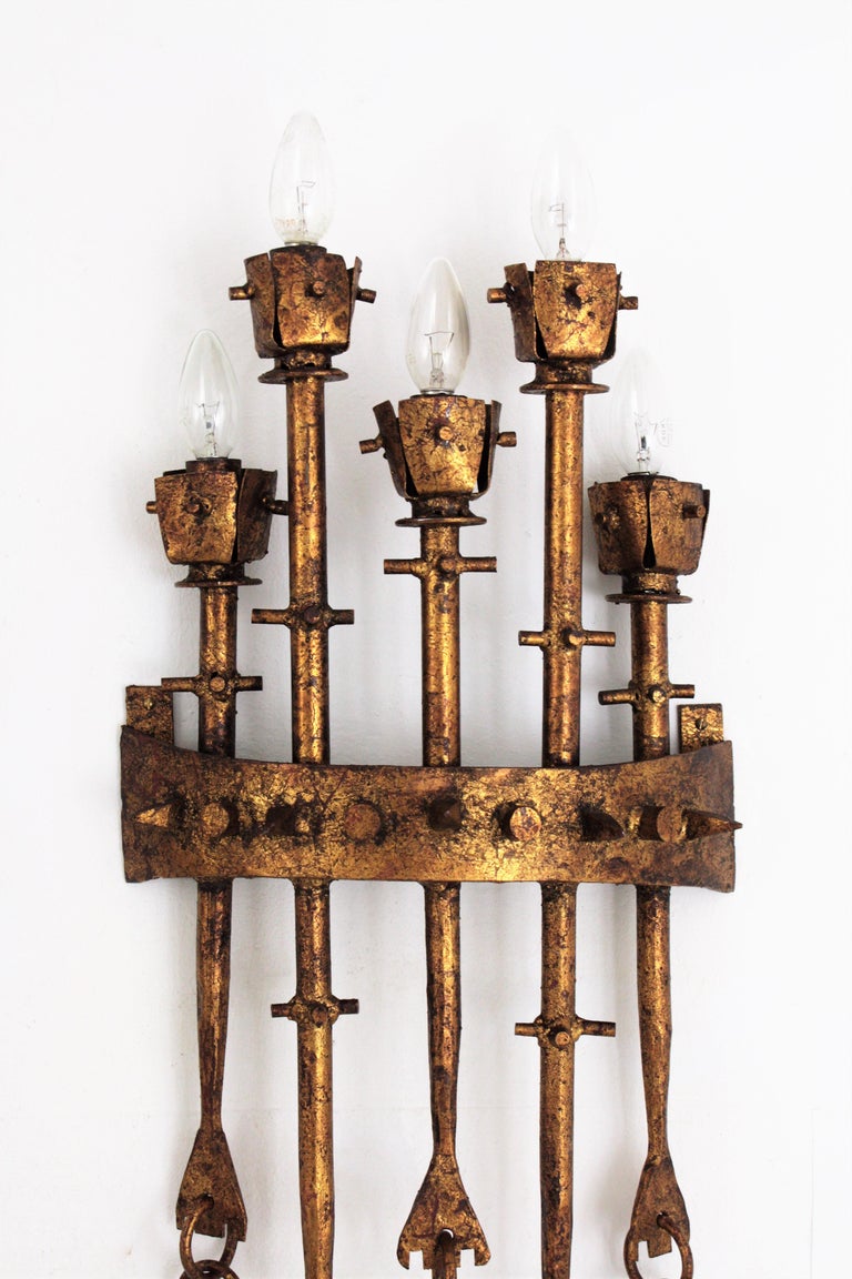 Spanish Brutalist Large Torch Wall Sconces in Gilt Wrought Iron, Pair at 1stDibs