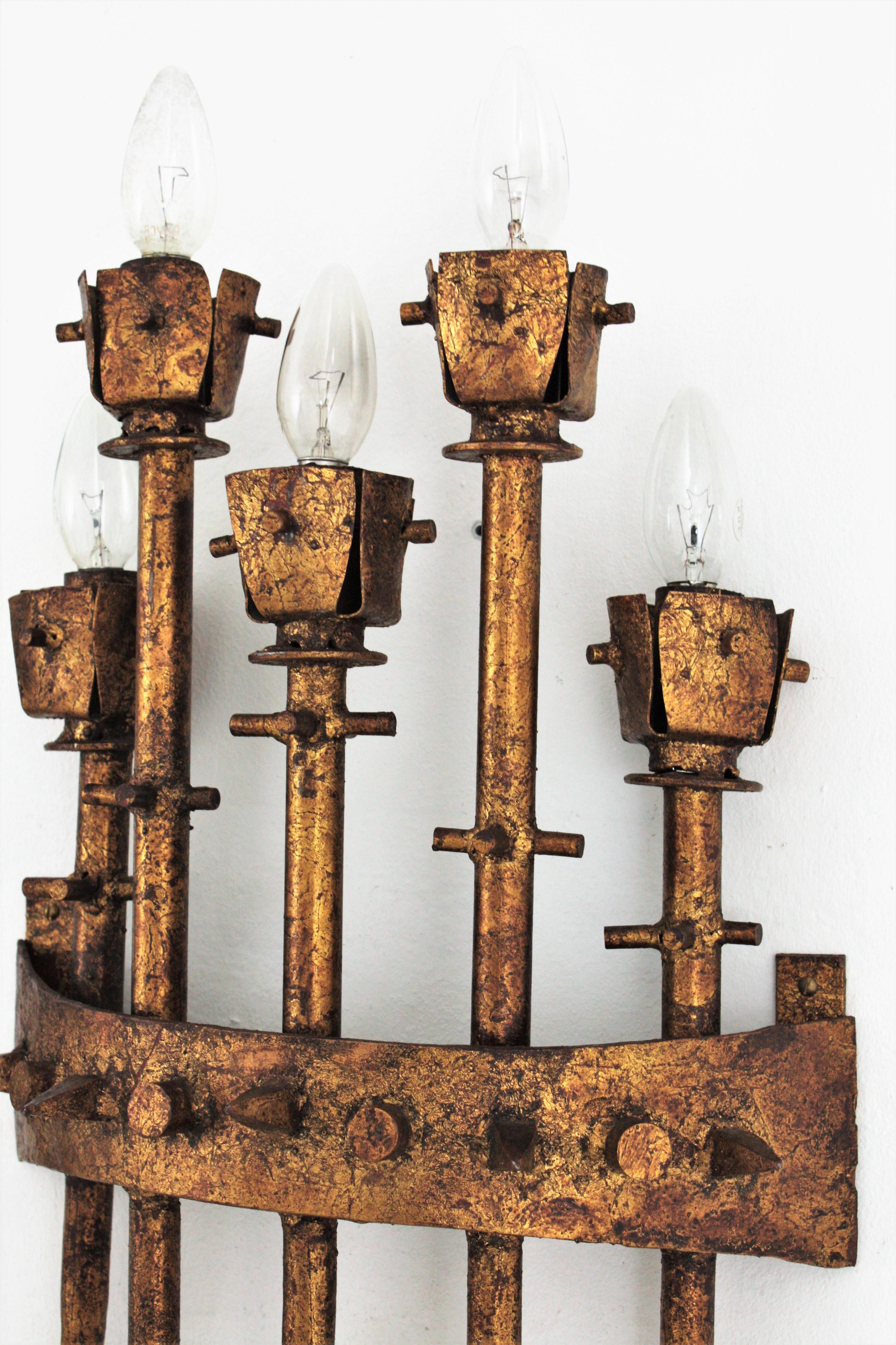 20th Century Spanish Brutalist Large Torch Wall Sconces in Gilt Wrought Iron, Pair