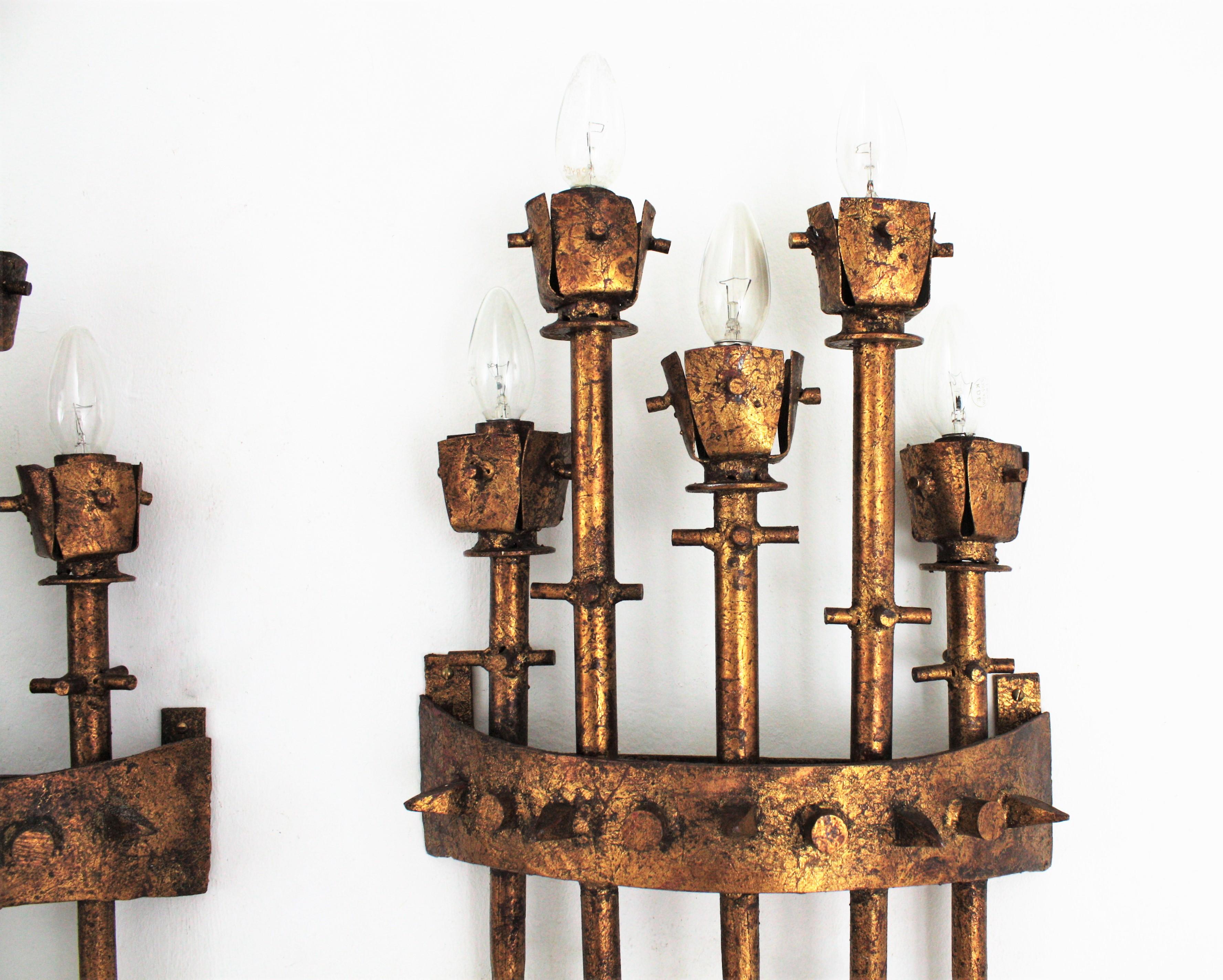 Spanish Brutalist Large Torch Wall Sconces in Gilt Wrought Iron, Pair 1