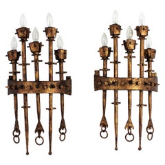 Spanish Brutalist Large Torch Wall Sconces in Gilt Wrought Iron, Pair