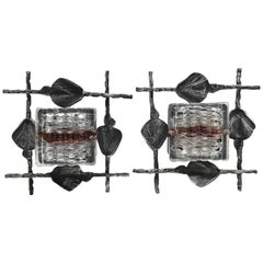 Pair of Brutalist Glass and Wrought Iron Lights by Tom Ahlström and Hans Ehrich