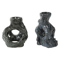 Vintage Pair of Brutalist Glazed Ceramic Candle Holders, France, 20th C