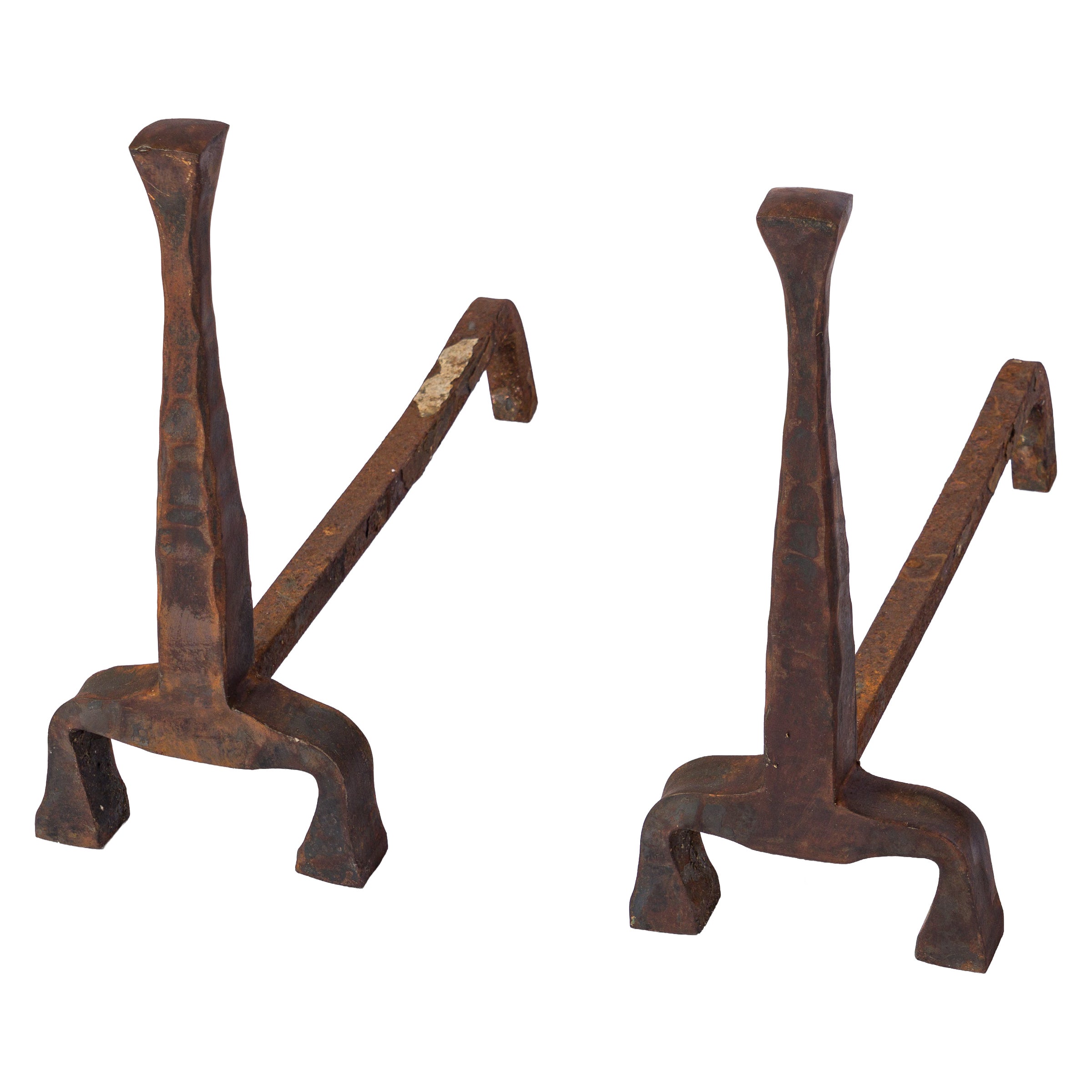 Pair of Brutalist Hammered Iron "Forgeron" Andirons - France 1970's