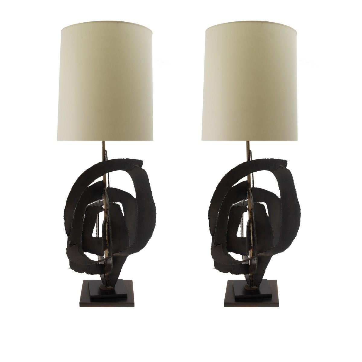American Pair of Brutalist Richard Barr Iron Table Lamps