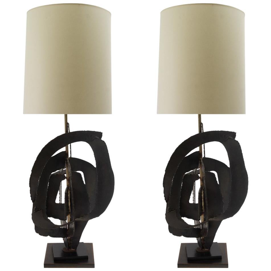 Pair of Brutalist Richard Barr Iron Table Lamps