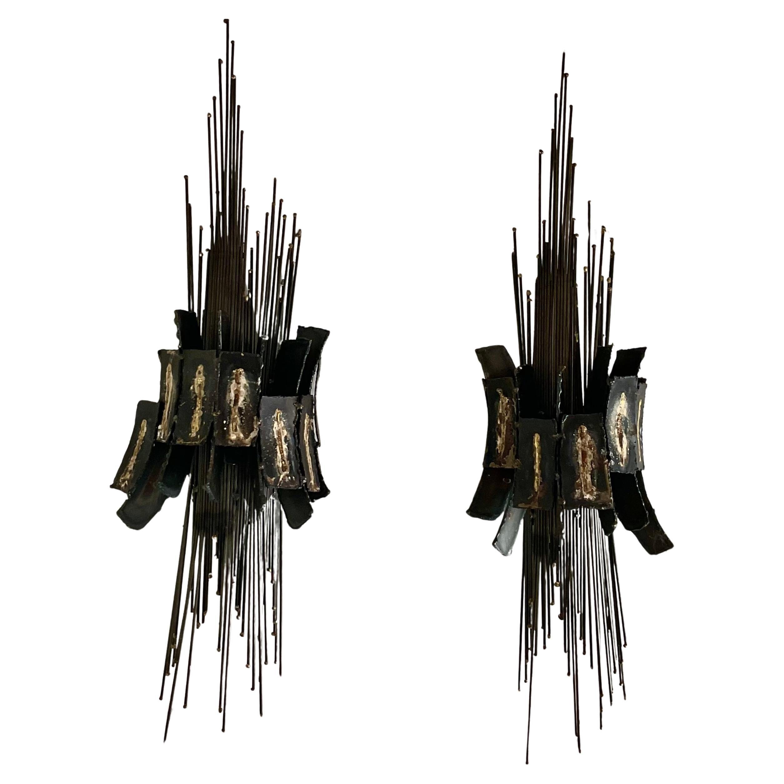 Pair of Brutalist Iron and Brass Wall Sconces