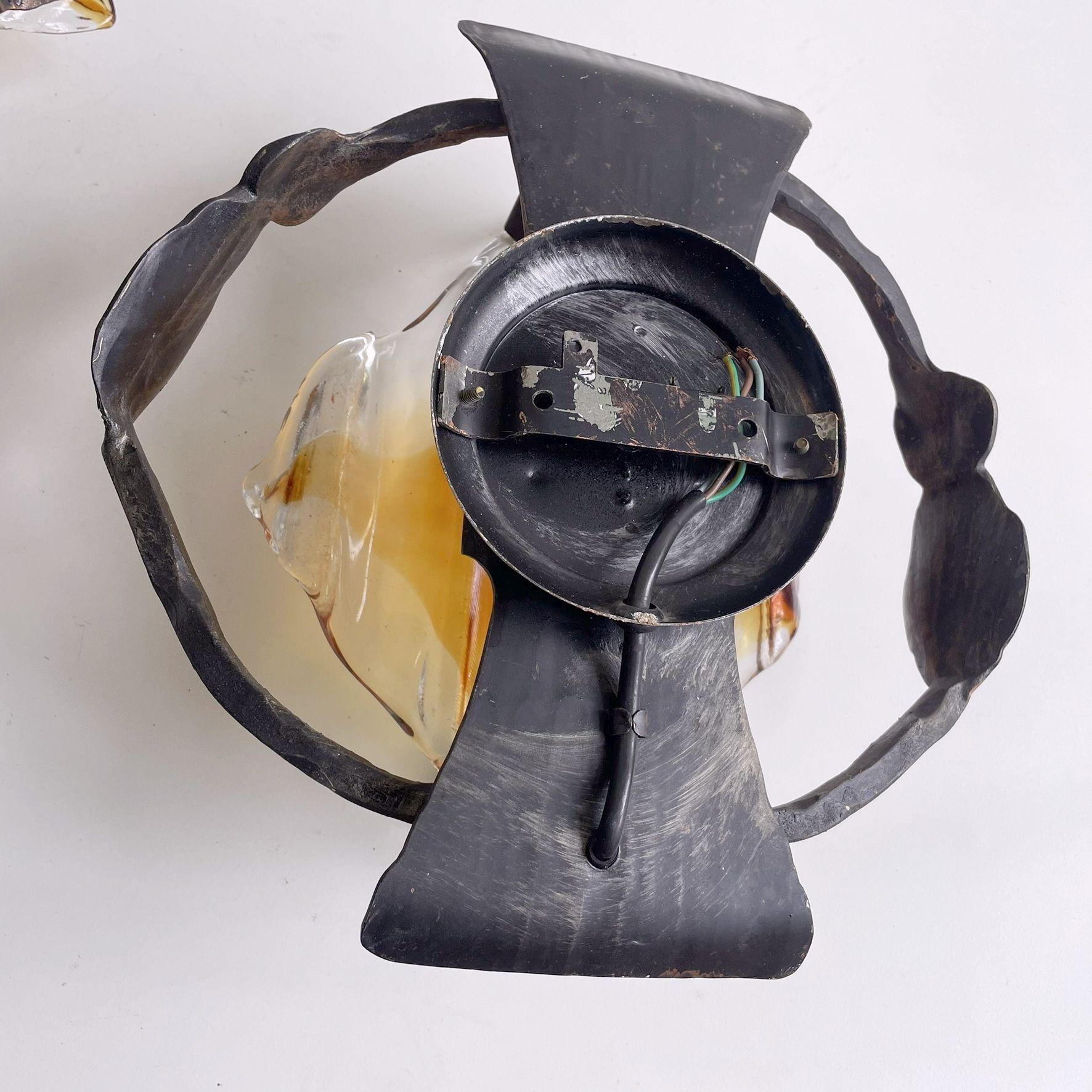 Late 20th Century Pair of Brutalist Iron and Glass Wall Lamps from Germany For Sale