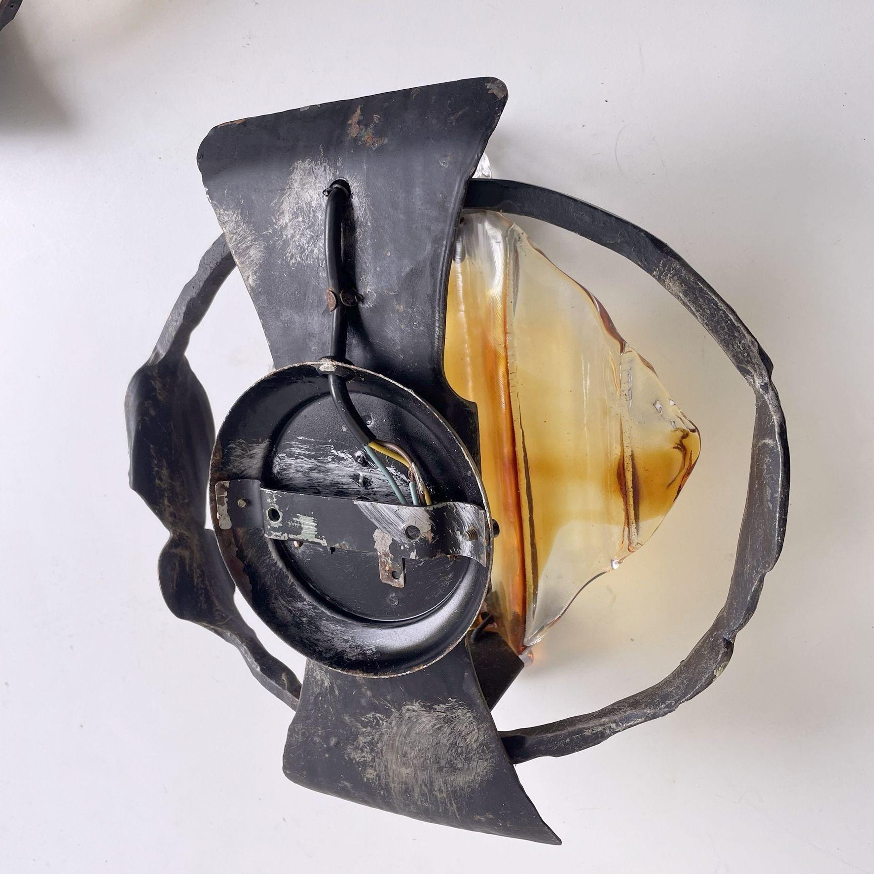 Pair of Brutalist Iron and Glass Wall Lamps from Germany For Sale 2