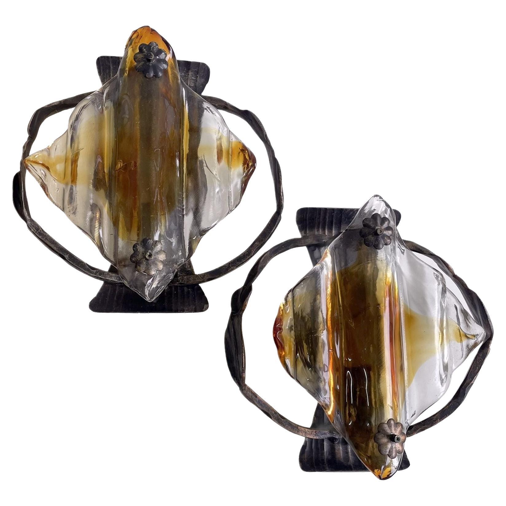 Pair of Brutalist Iron and Glass Wall Lamps from Germany For Sale