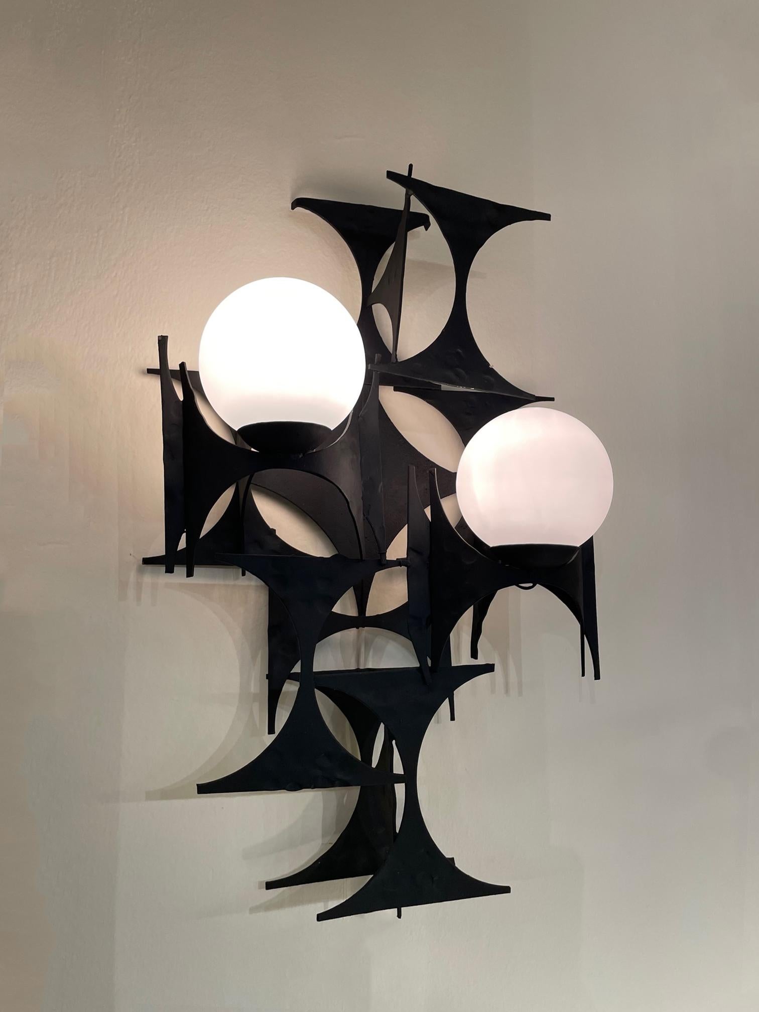 Pair of Brutalist Iron and Glass Wall Lights 2