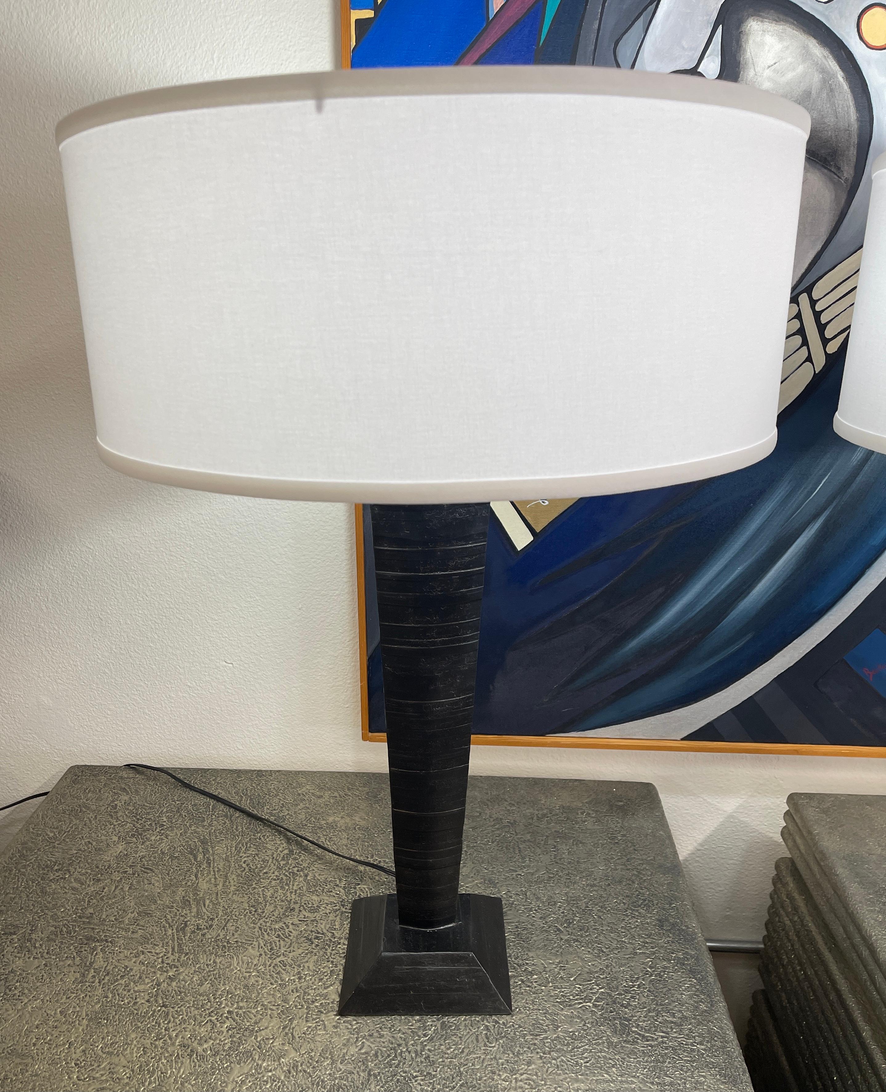 Great brutalist iron lamps by the Morrison Custom Lighting Company of Novato Ca. These lamps are from wonderful Palm Springs estate. The were likely purchased in the 1980's. The lamps have new shades which are 20 inches in diameter. They are 29.25