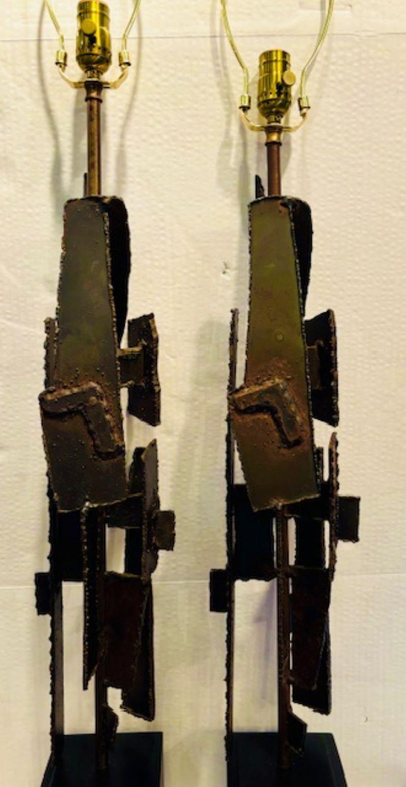Welded Pair of Brutalist Iron Table Lamps, Richard Barr for Laurel Lamp Company For Sale