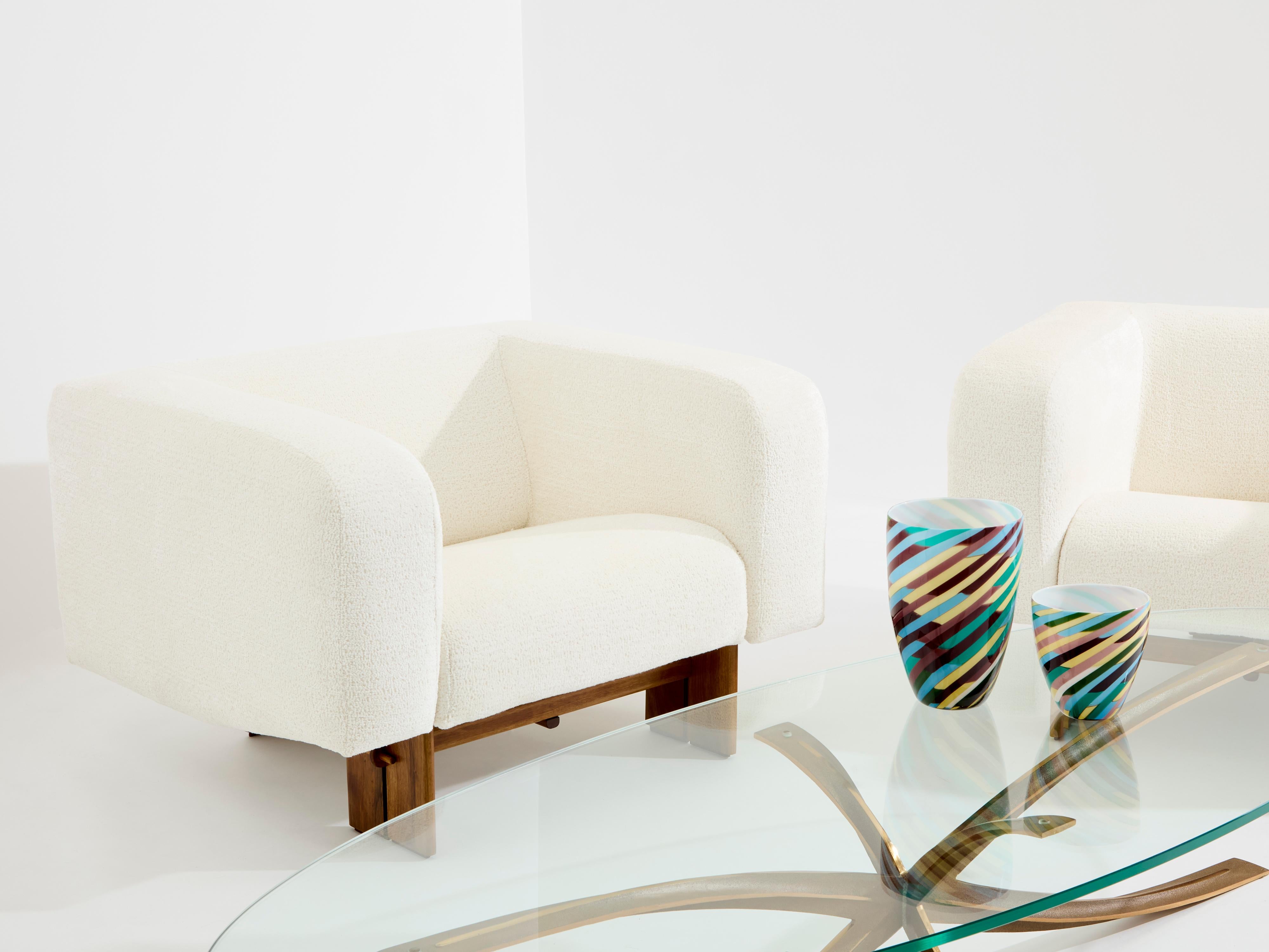 Pair of brutalist Italian armchairs walnut and chenille velvet 1960s For Sale 6
