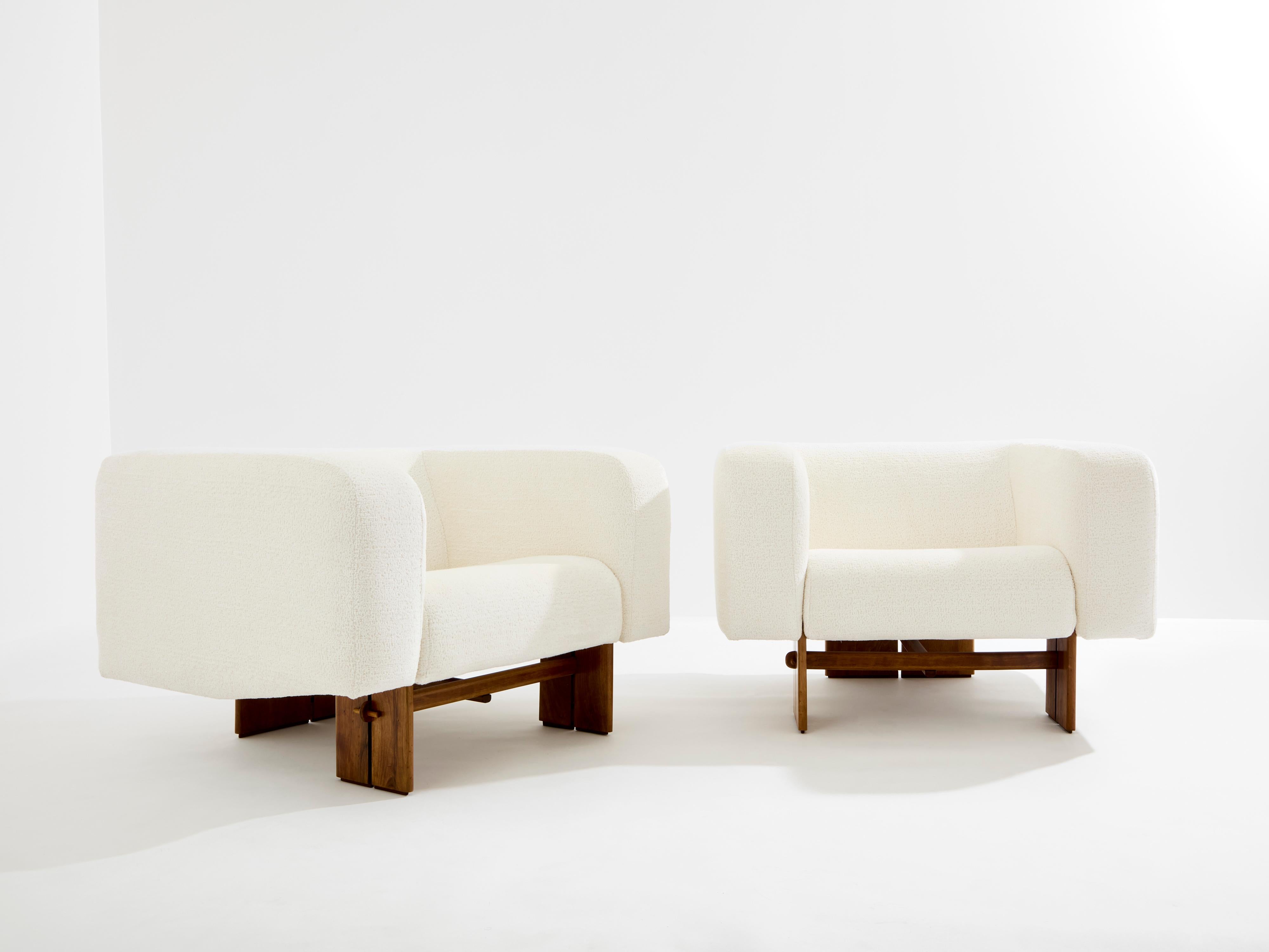 Beautiful pair of brutalist armchairs from an anonymous Italian designer created in the 1960s. The feet and structure are made of solid walnut, with beautiful details and craftsmanship. The seat features one high-density foam cushion with sharp