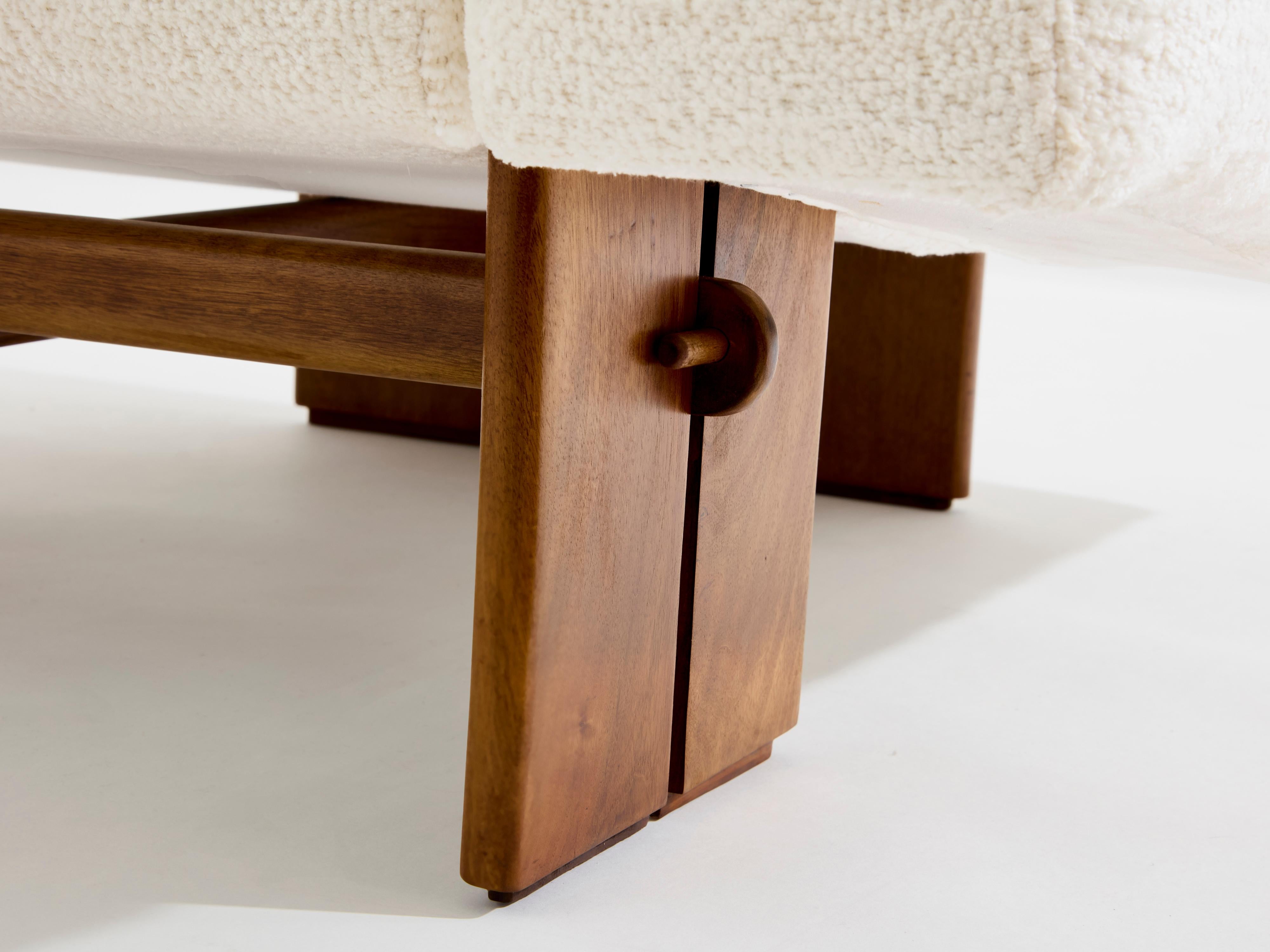 Pair of brutalist Italian armchairs walnut and chenille velvet 1960s For Sale 1