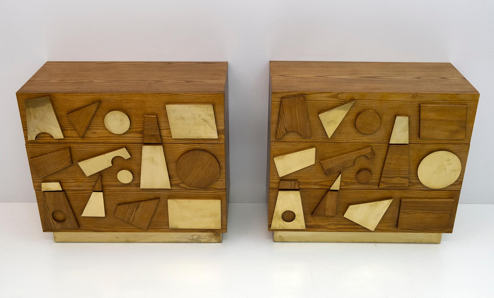Pair of Brutalist Italian Ash Tree and Brass Chest of Drawers 2