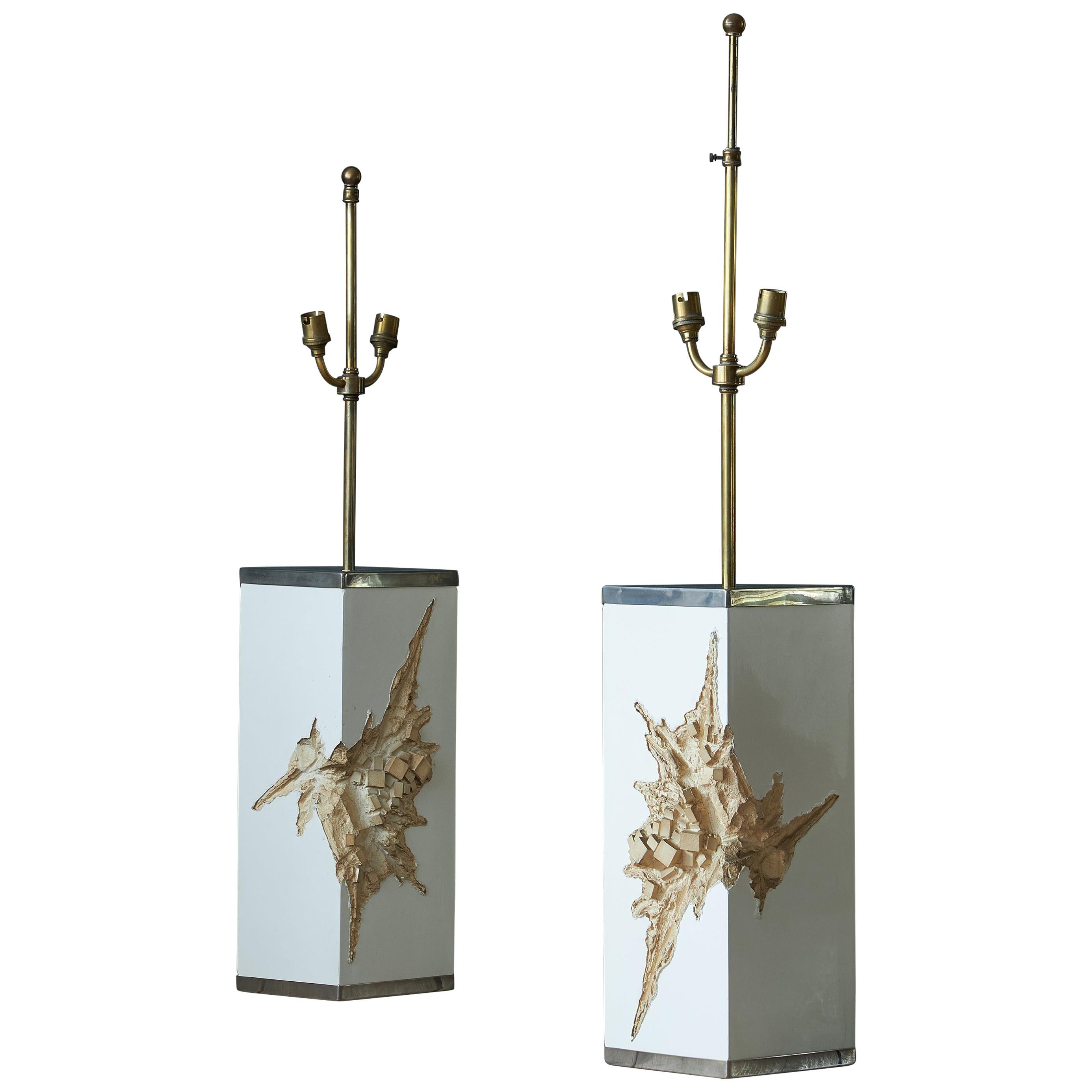 A pair of Brutalist resin moulded table lamps, circa 1970s For Sale