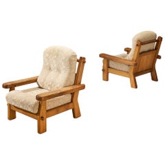 Pair of Brutalist Lounge Chairs in Solid Oak