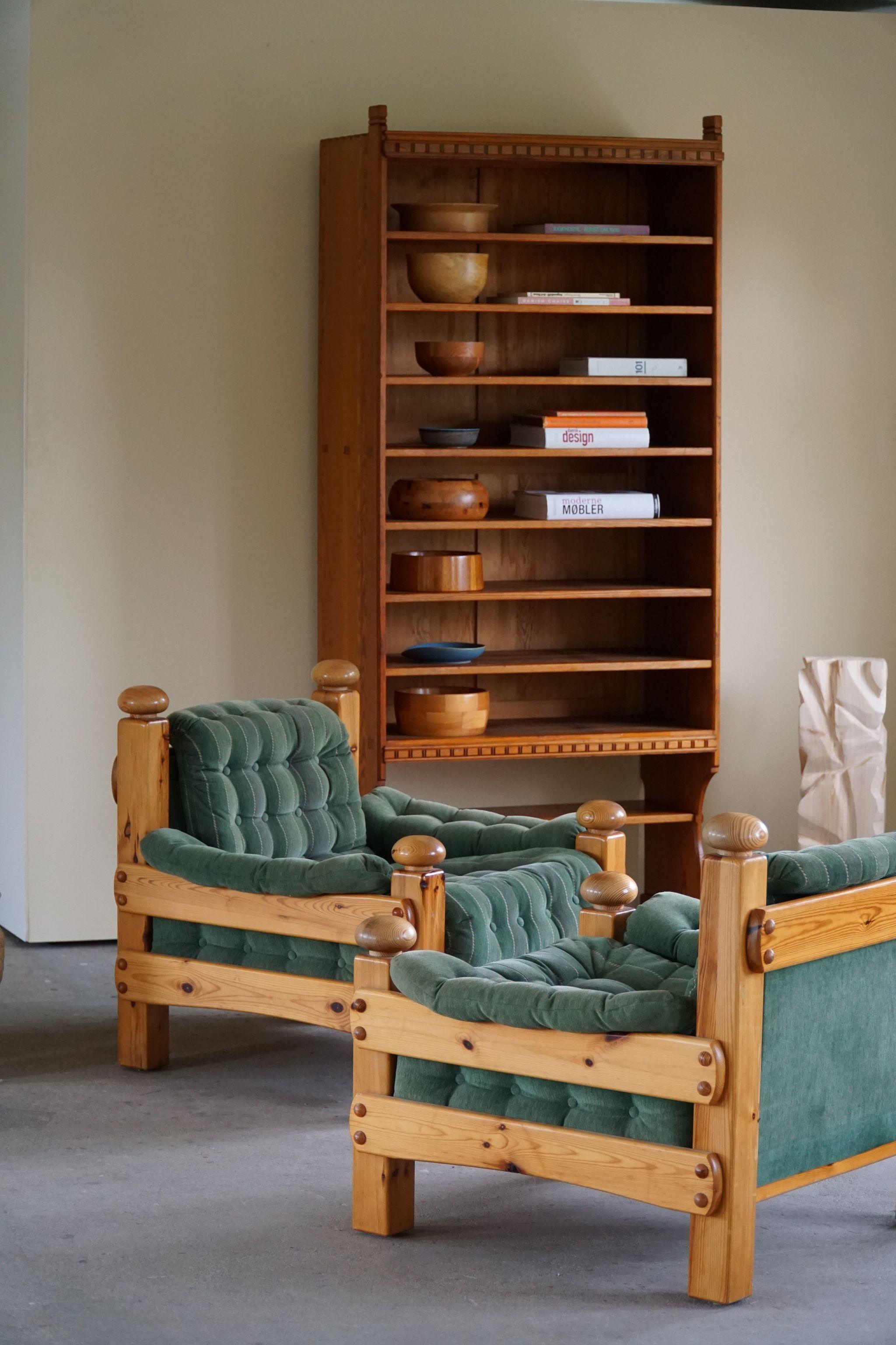 Pair of Brutalist Lounge Chairs in Solid Pine, Swedish Modern, Made in 1970s 4