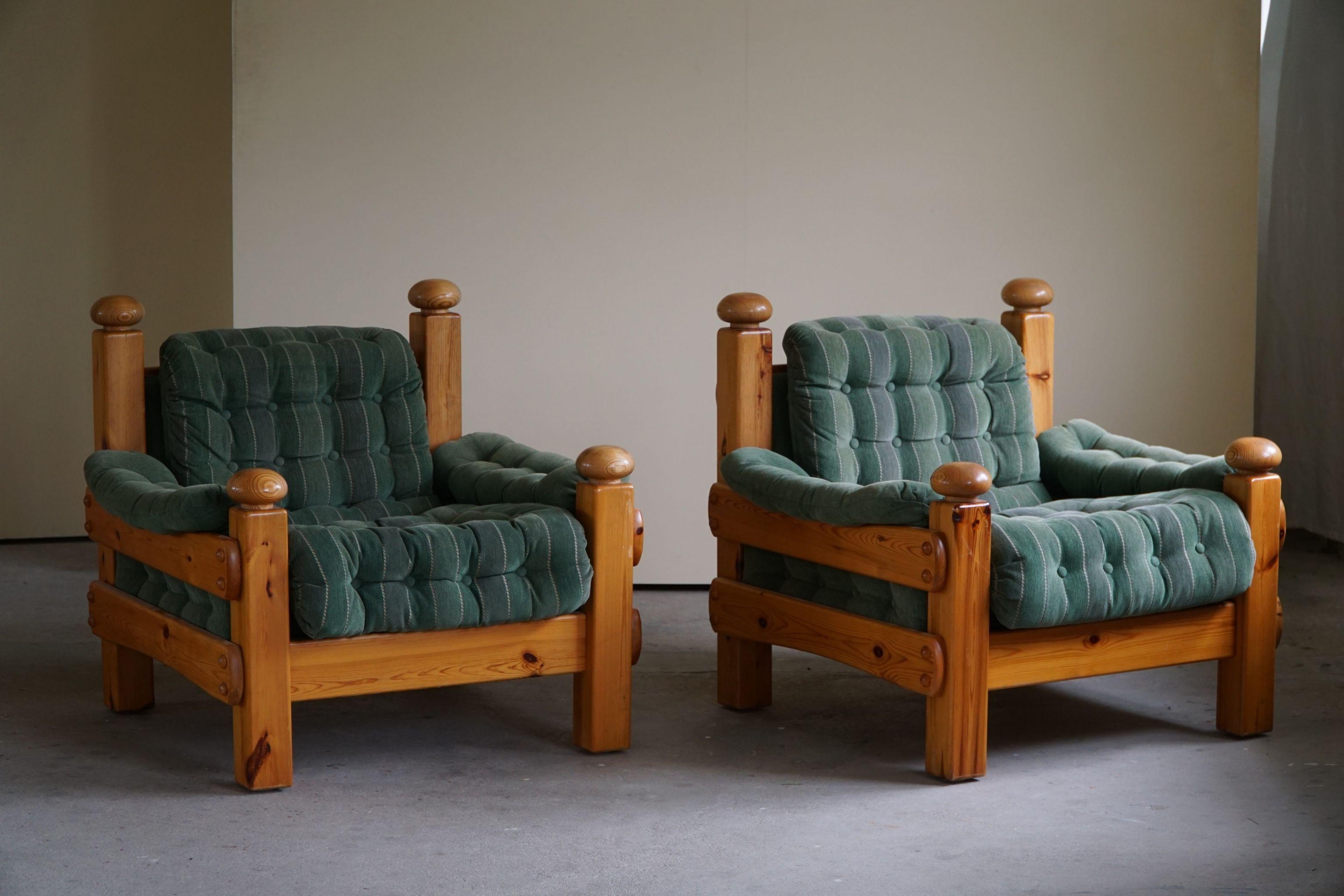 Pair of Brutalist Lounge Chairs in Solid Pine, Swedish Modern, Made in 1970s 5