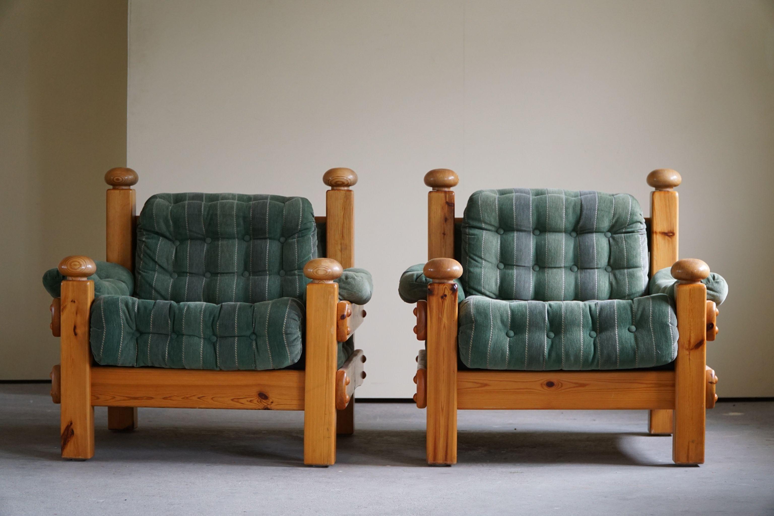 Pair of Brutalist Lounge Chairs in Solid Pine, Swedish Modern, Made in 1970s 6