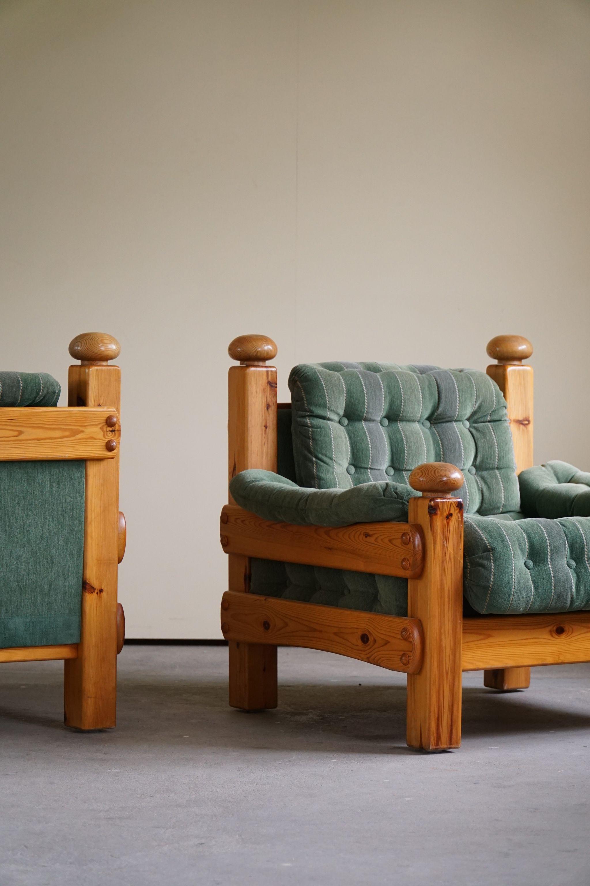 Pair of Brutalist Lounge Chairs in Solid Pine, Swedish Modern, Made in 1970s 10