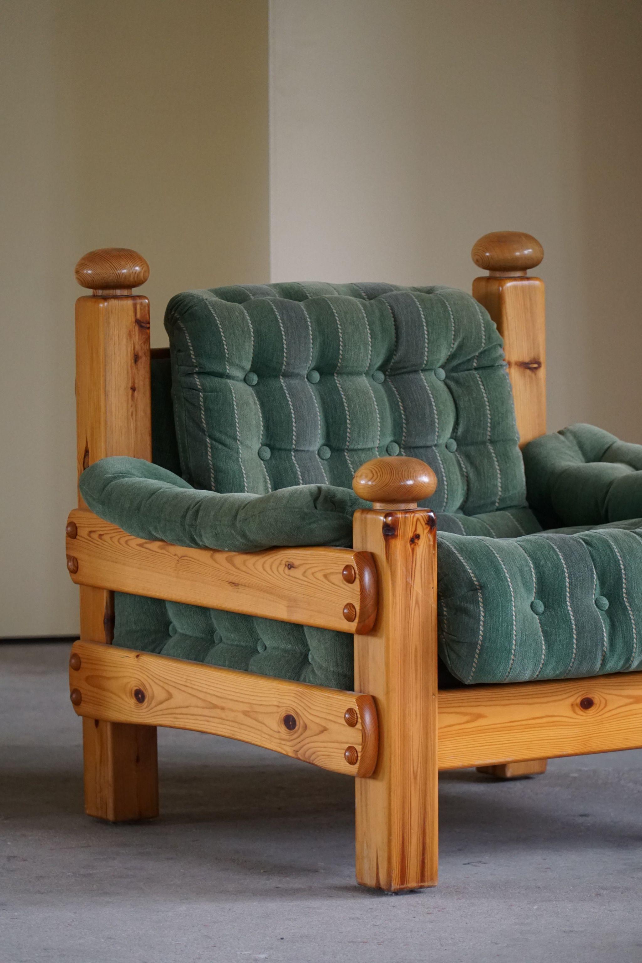 Scandinavian Modern Pair of Brutalist Lounge Chairs in Solid Pine, Swedish Modern, Made in 1970s