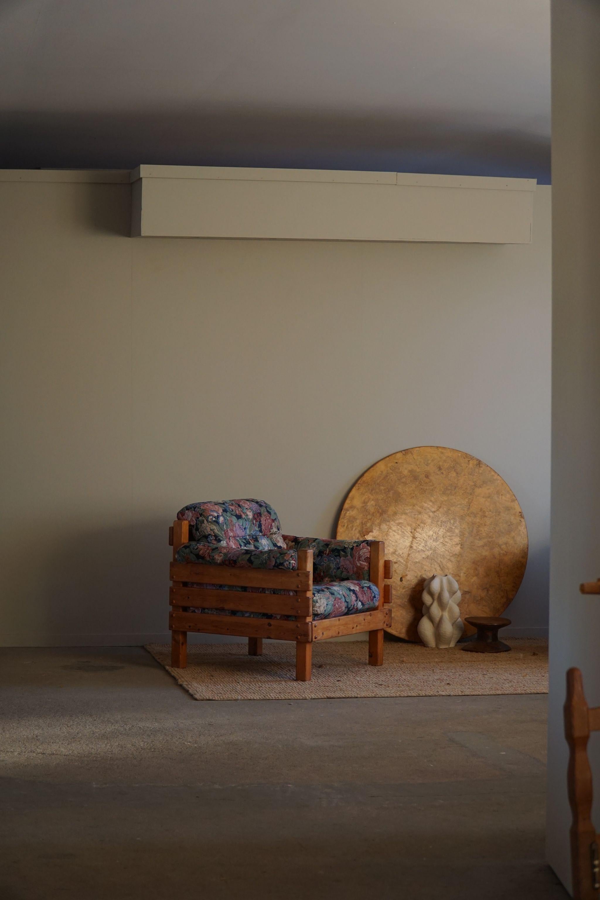 20th Century Pair of Brutalist Lounge Chairs in Solid Pine, Swedish Modern, Made in 1970s