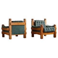 Pair of Brutalist Lounge Chairs in Solid Pine, Swedish Modern, Made in 1970s