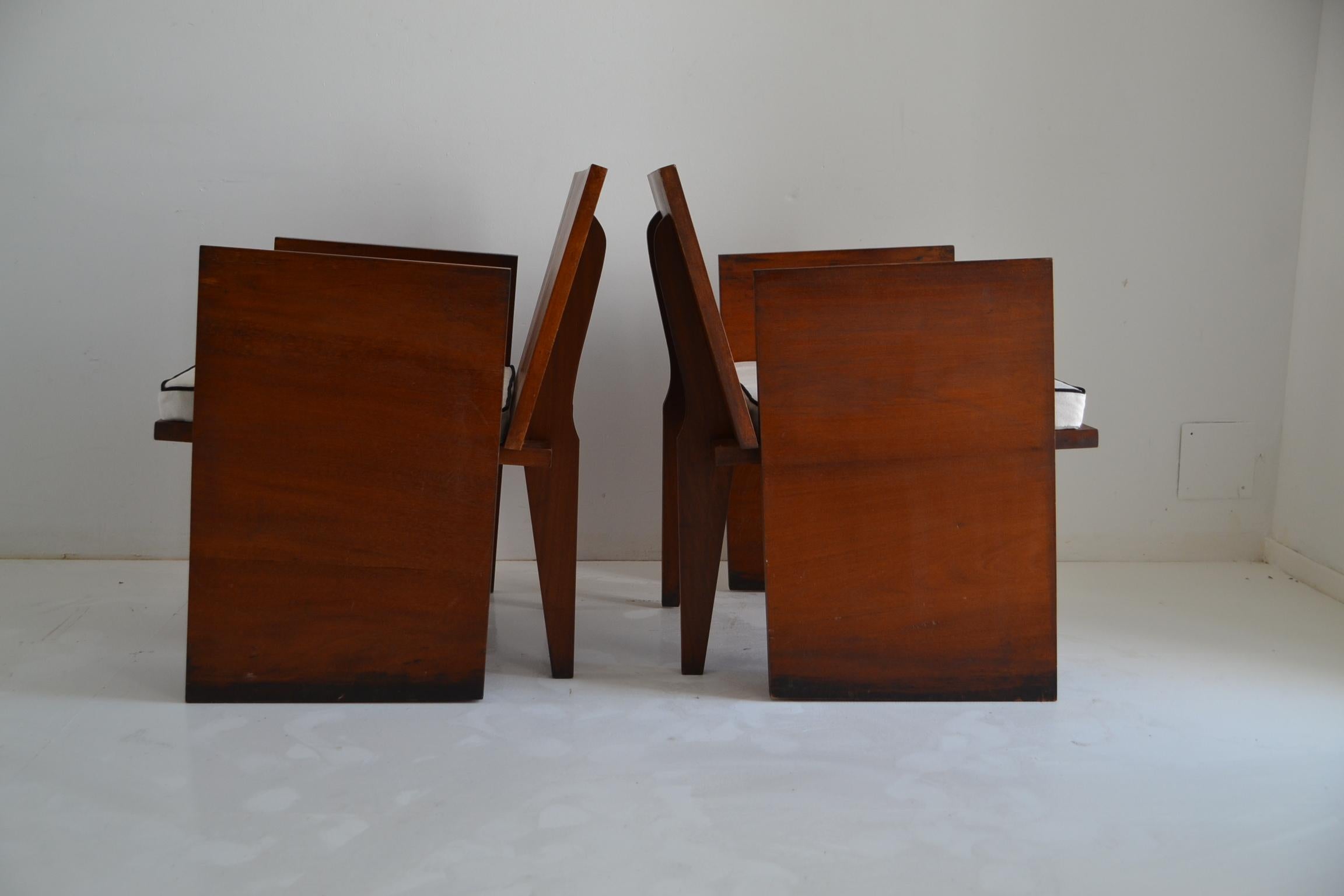 French Pair of Brutalist Mahogany Chairs, Modernism