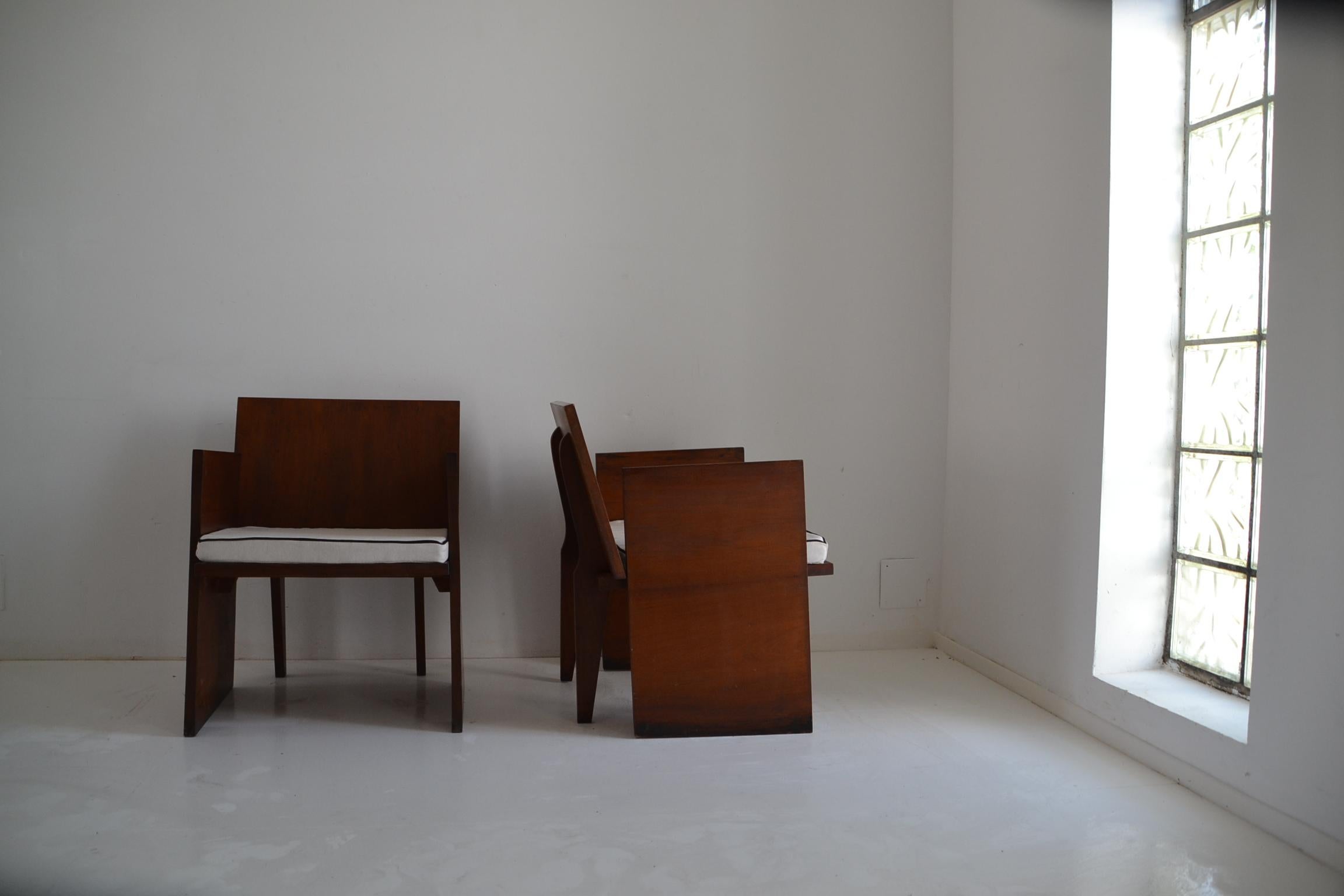 20th Century Pair of Brutalist Mahogany Chairs, Modernism