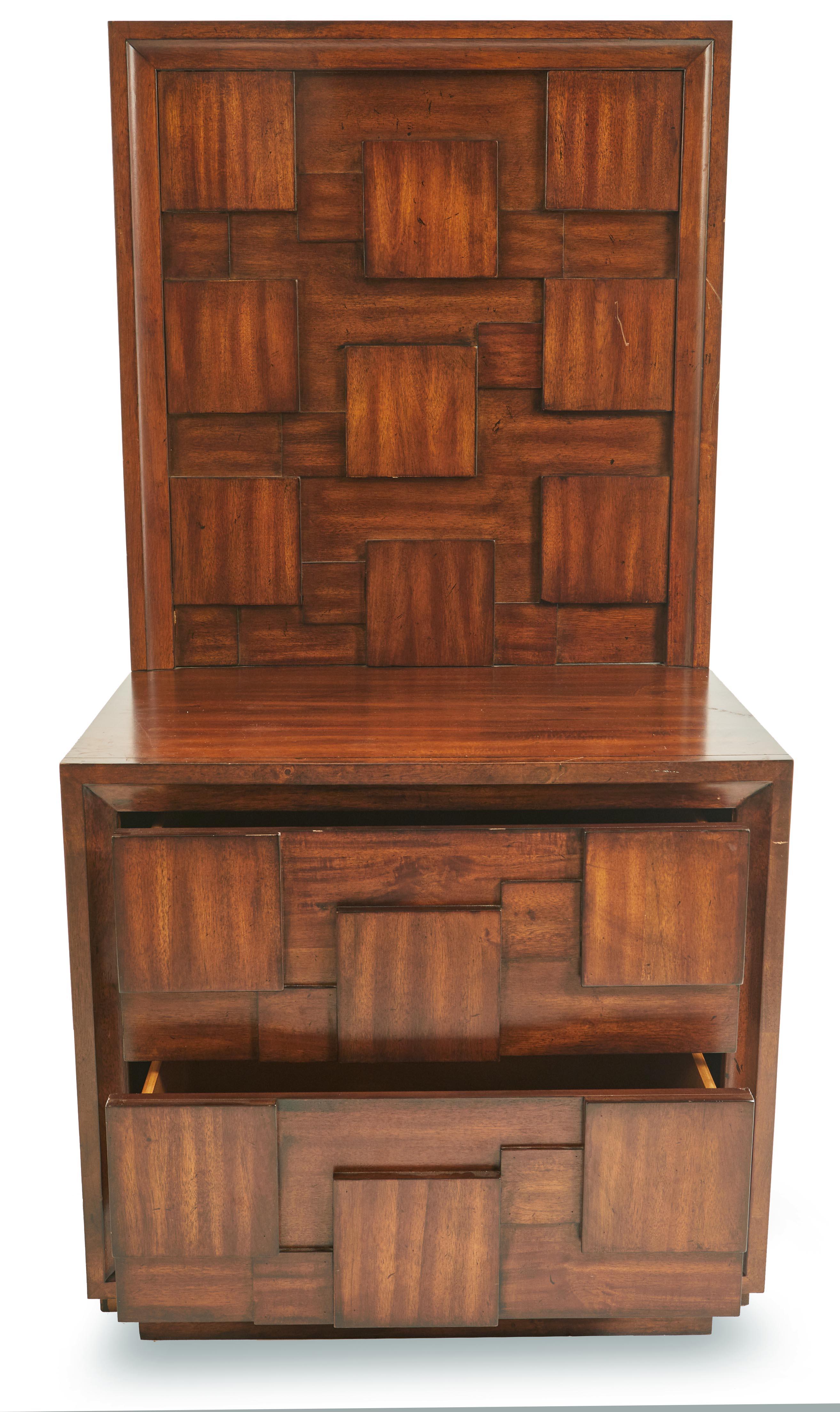 American Pair of Brutalist Mahogany Two Drawer Bedside Tables For Sale