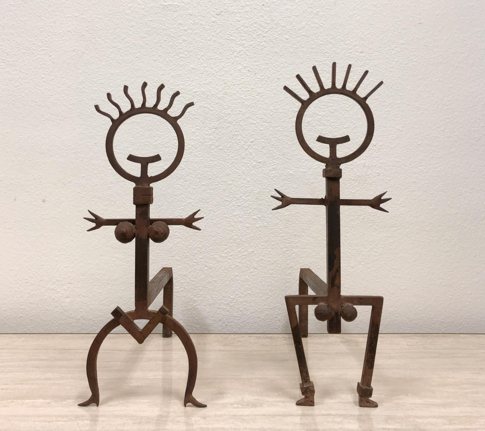 A cool pair of Brutalist male and female fireplace andirons from the 1970s. This are in original condition, so they show some patina. If you want a different finish on them let us know.

Dimension: Male- 21” high 8” wide 16” deep.
Female- 19.5” high