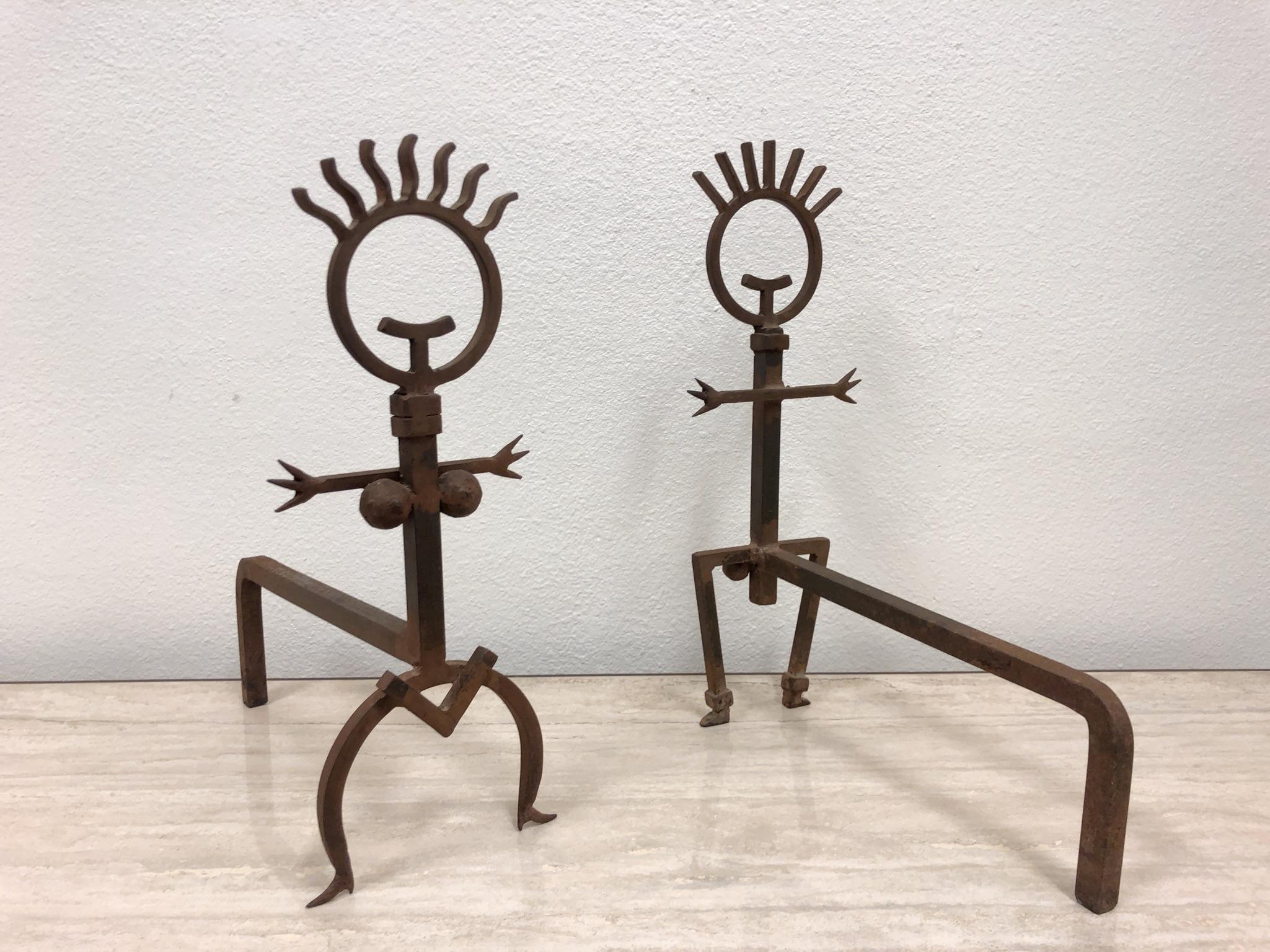 American Pair of Brutalist Male and Female Fireplace Andirons For Sale