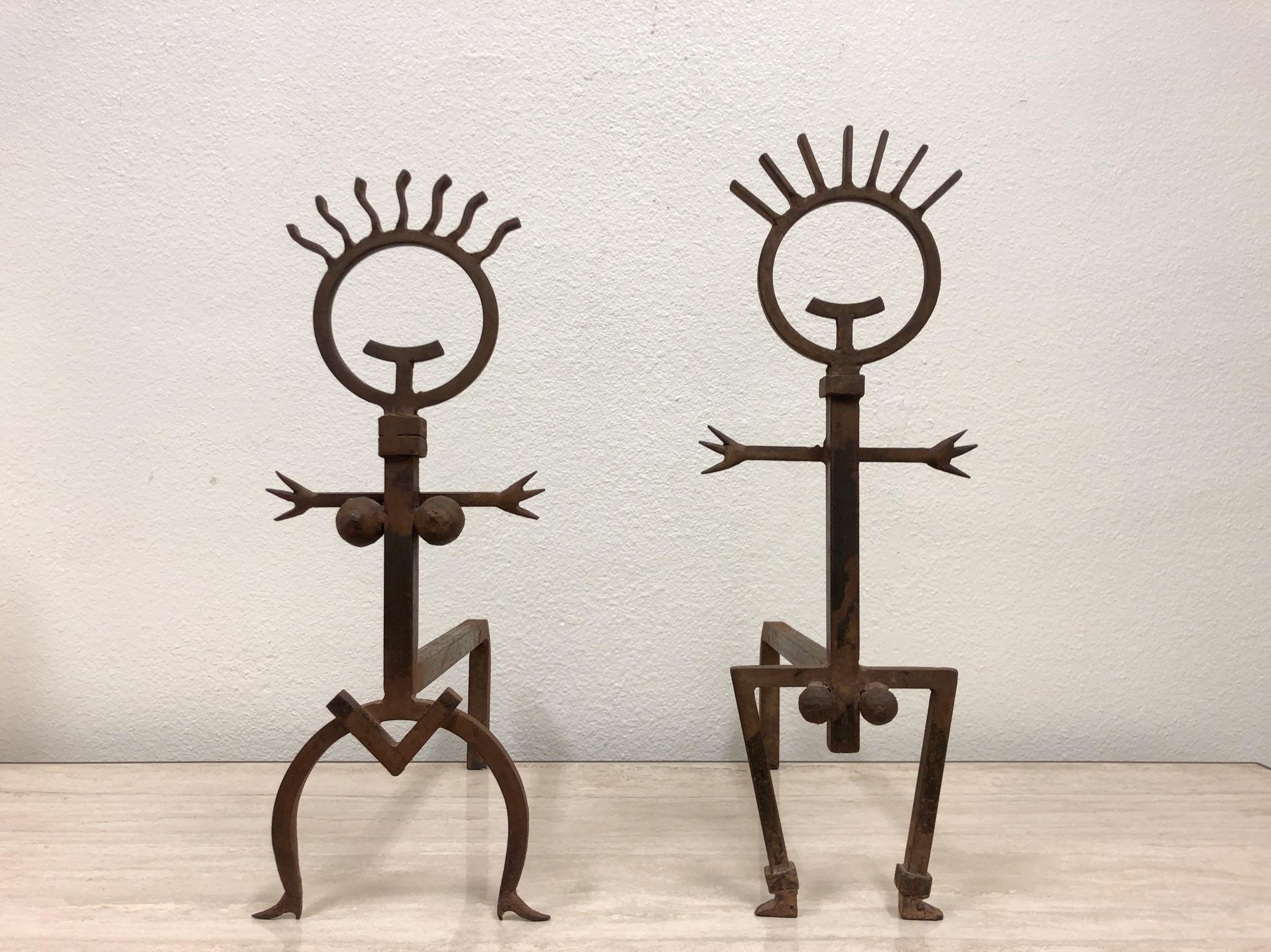 Late 20th Century Pair of Brutalist Male and Female Fireplace Andirons For Sale