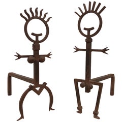 Pair of Brutalist Male and Female Fireplace Andirons