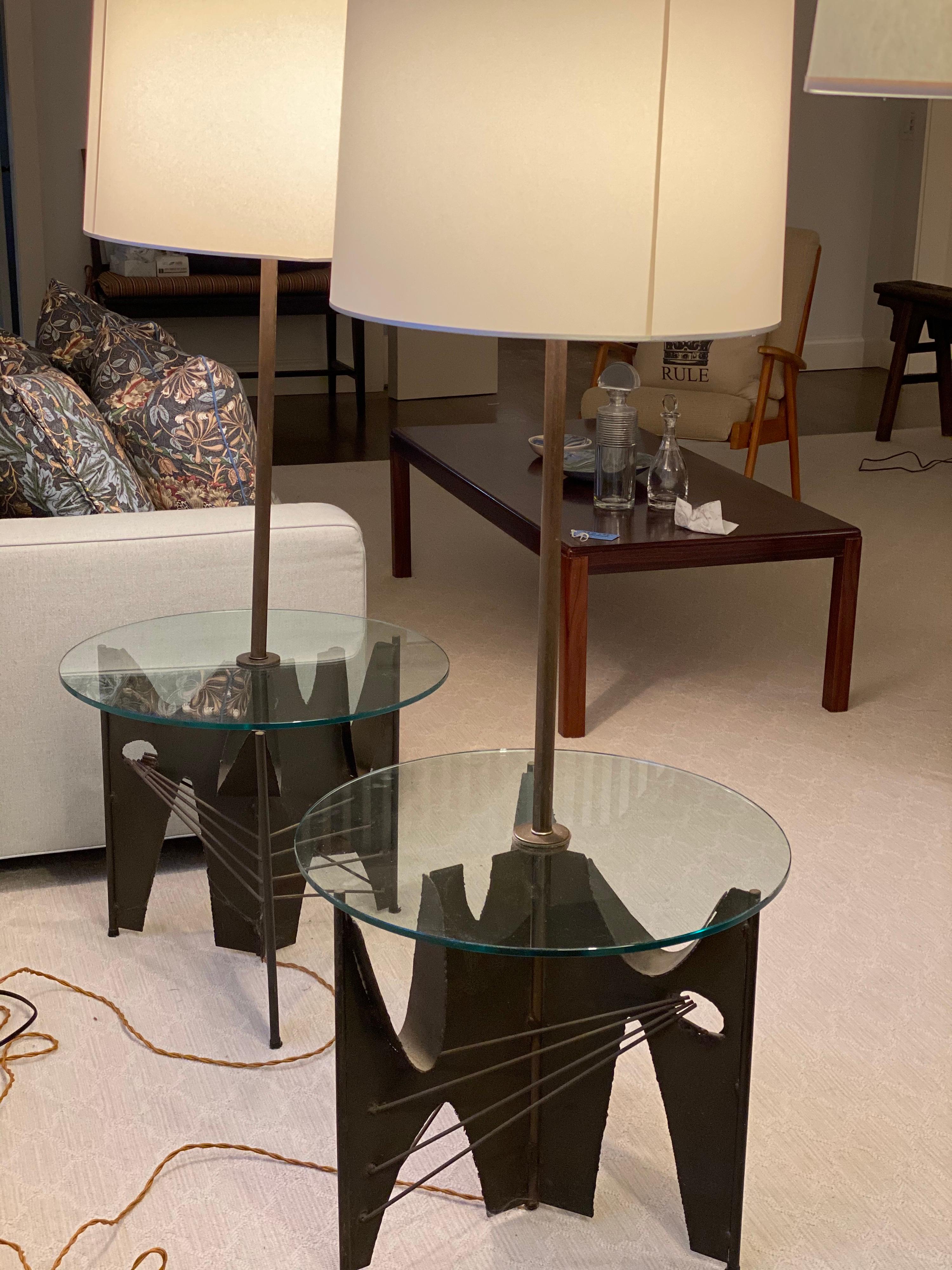 Pair of Brutalist Metal Floor Lamps with Table by Harry Balmer for Laurel 6
