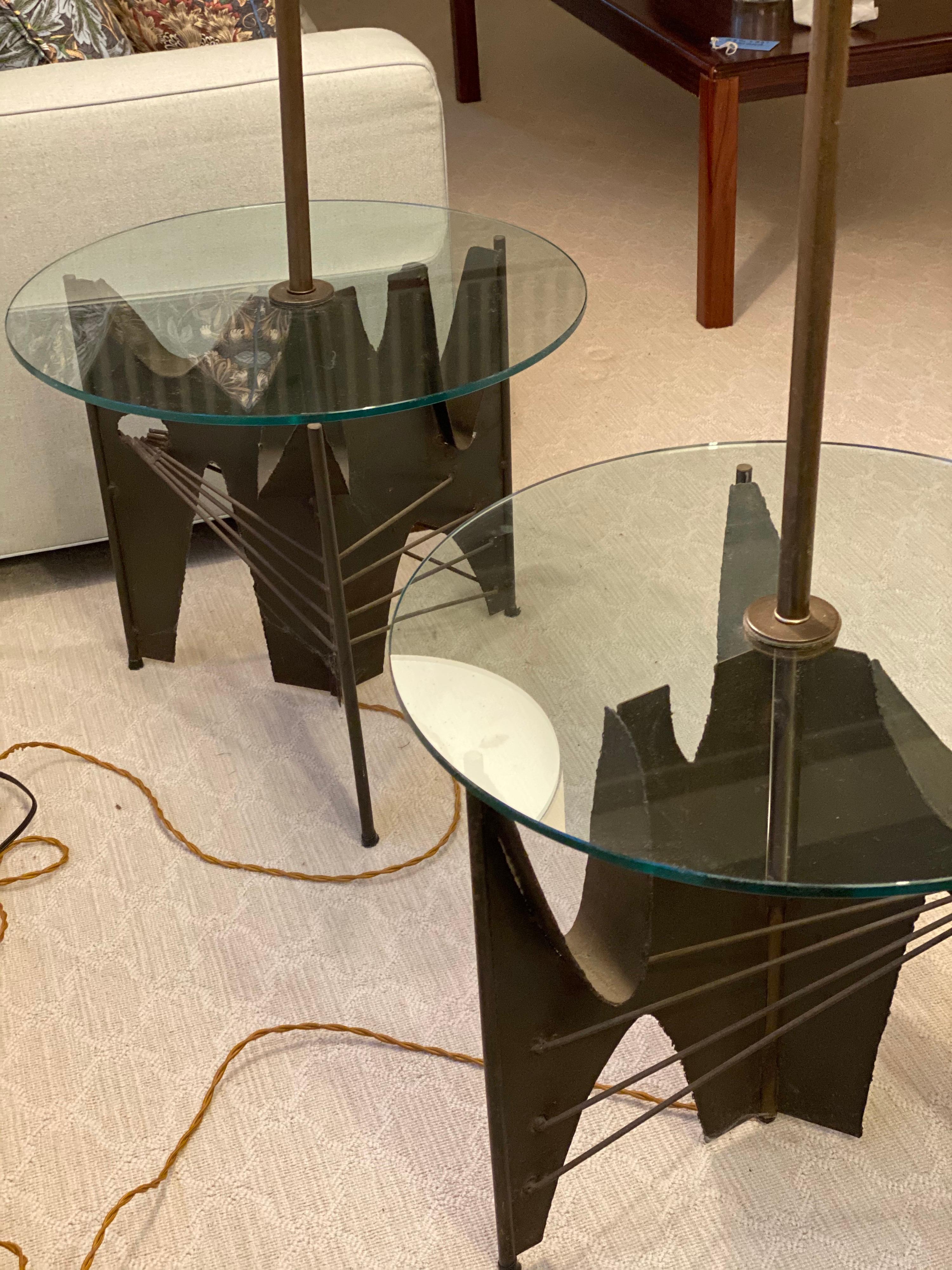 Pair of Brutalist Metal Floor Lamps with Table by Harry Balmer for Laurel 12